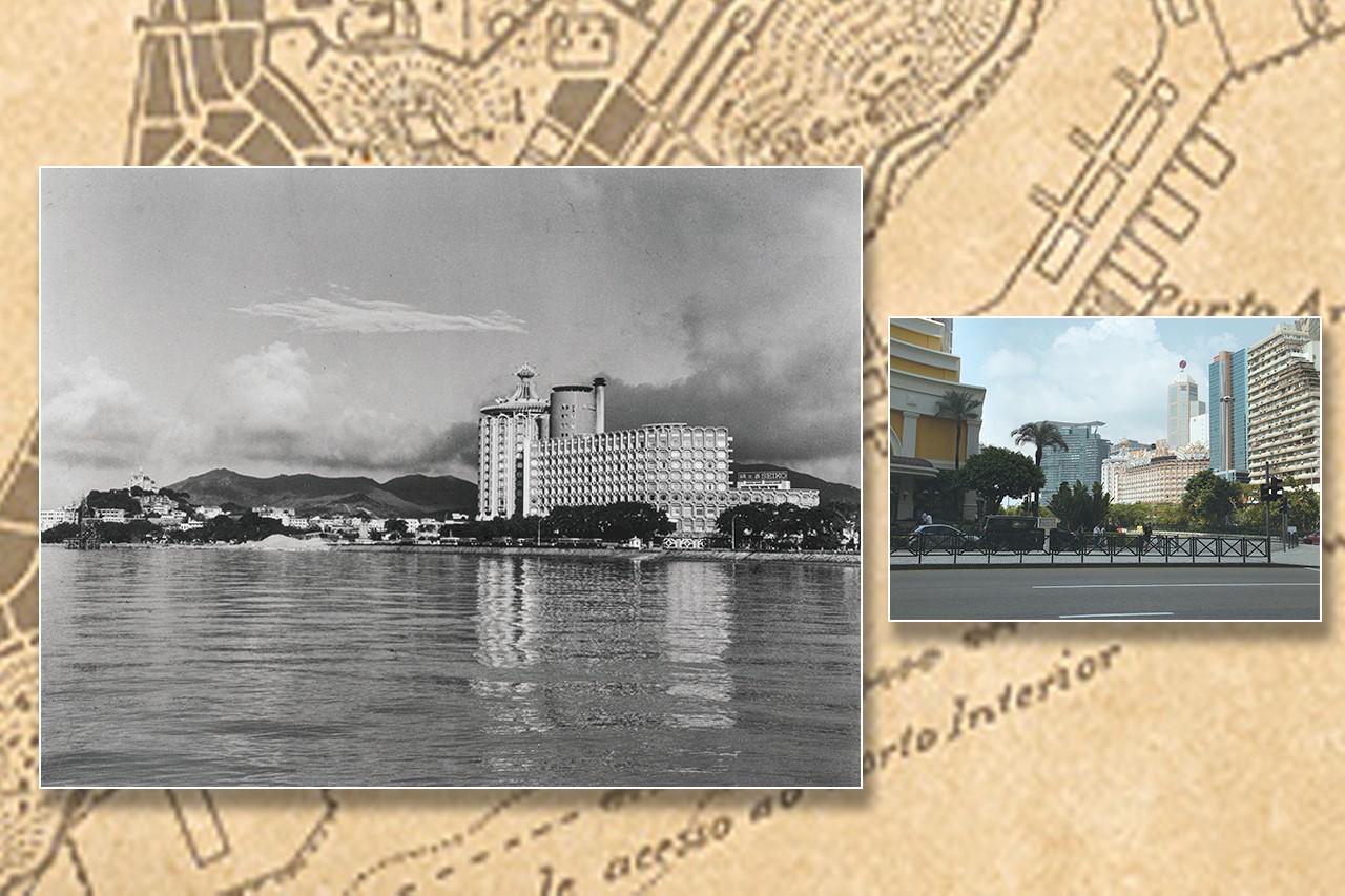 葡京酒店  1970 澳門博物館藏 葡京酒店座落在南灣新填海區。首期工程在1970年初竣工，是當年澳門首個大型娛樂場酒店項目。